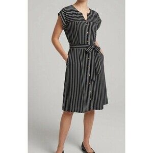 Calvin Klein Nautical Striped Belted Midi Dress Size 10 Black White